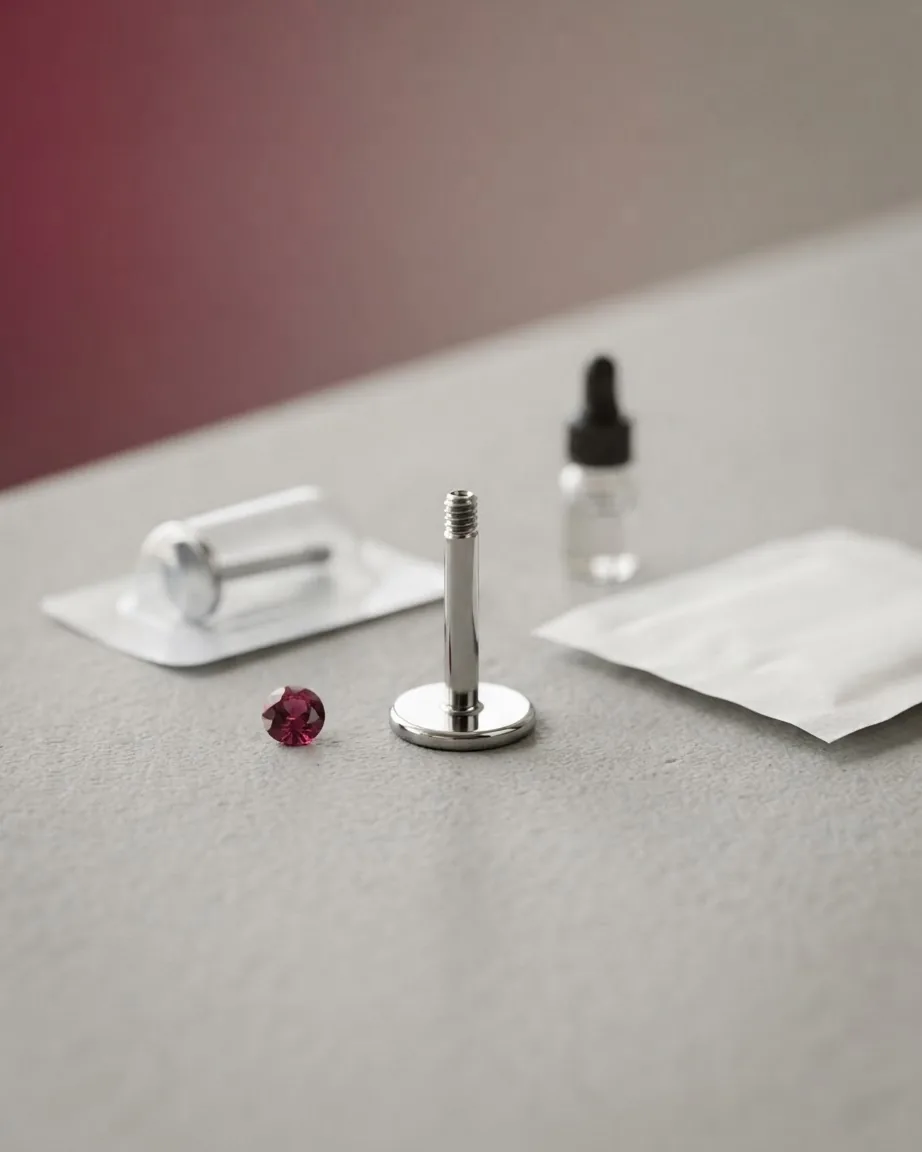 A polished silver flat-back labret stud stands beside a red gemstone, with jewelry supplies on a gray surface.