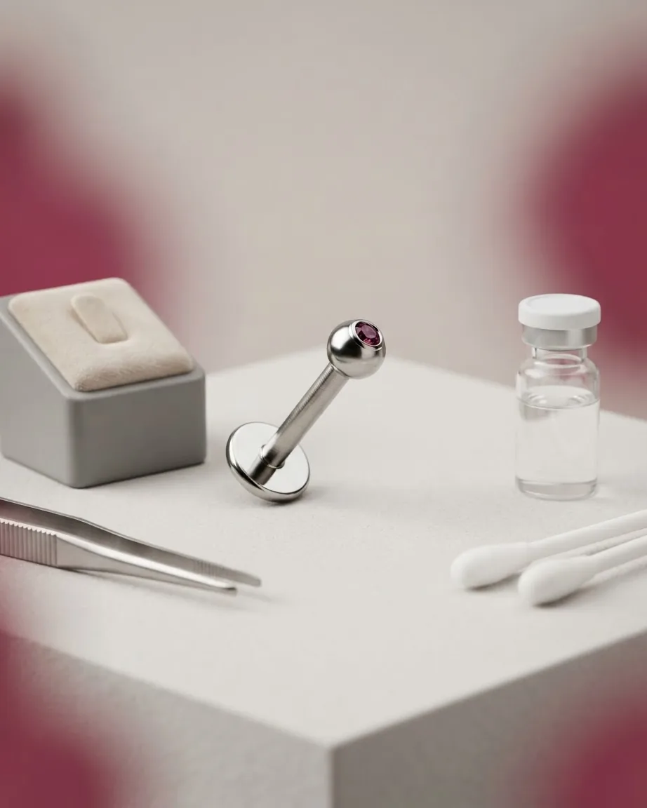 A polished silver flat-back piercing stud with a pink gemstone rests beside tweezers, a jewelry box, and a small vial.