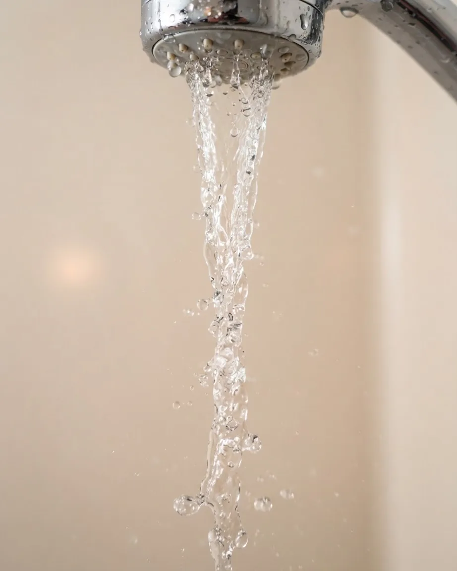 A steady stream of clear water pours from a chrome shower head against a plain beige background.