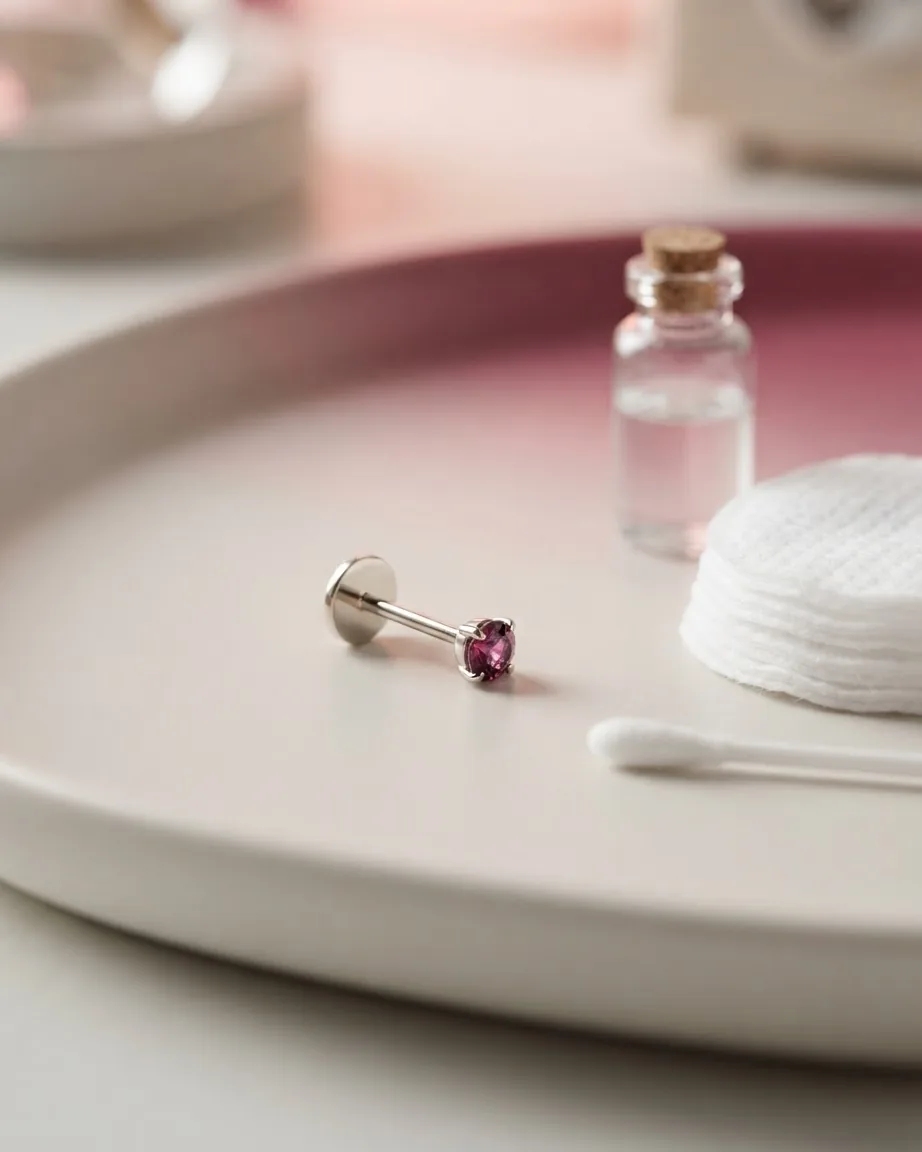 A silver flat-backed stud with a pink gemstone rests on a pale tray beside cotton pads, a swab, and a small glass bottle.