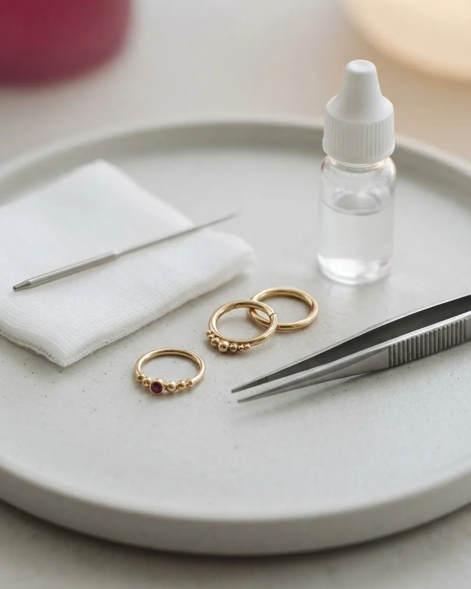 Three gold nose rings, a piercing needle, tweezers, gauze, and a clear dropper bottle arranged on a white tray.