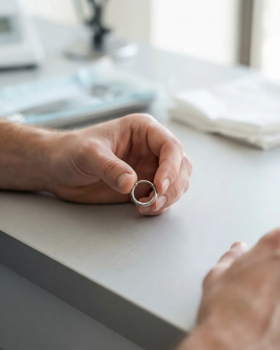 A hand holds a small silver ring above a clean light-colored countertop.