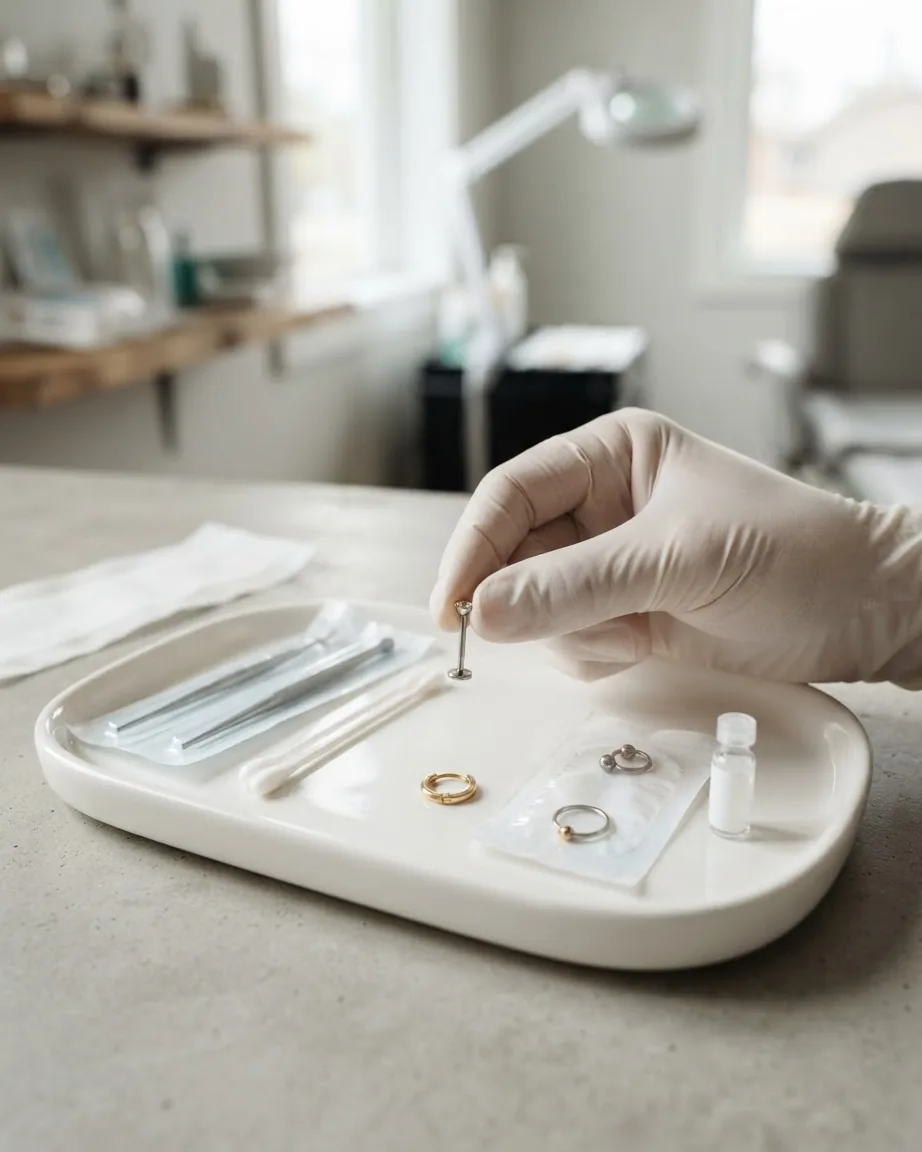 A gloved hand holds a flat-back stud above a clean tray containing earrings, cotton swabs, and piercing tools.