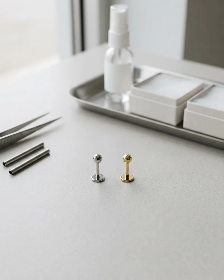 Silver and gold ball-ended piercing studs stand on a clean studio surface beside tweezers and piercing supplies.