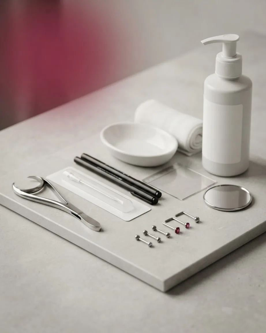 Nose piercing jewelry, metal tools, cotton swabs, a small dish and a pump bottle arranged on a gray tray.