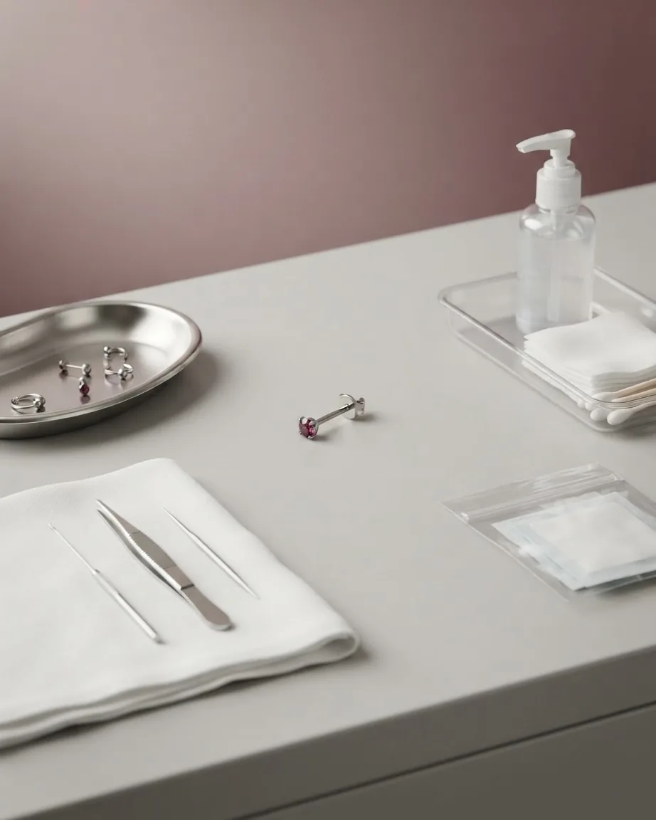 A silver stud with a pink gemstone rests on a white counter beside piercing tools, jewelry, and sterile supplies.