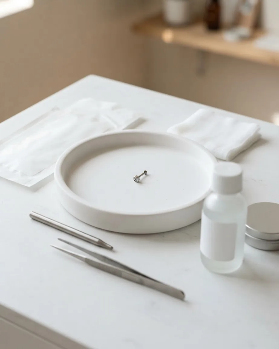 A small silver starter stud rests on a white tray beside tweezers, cotton pads, and a clear care bottle.