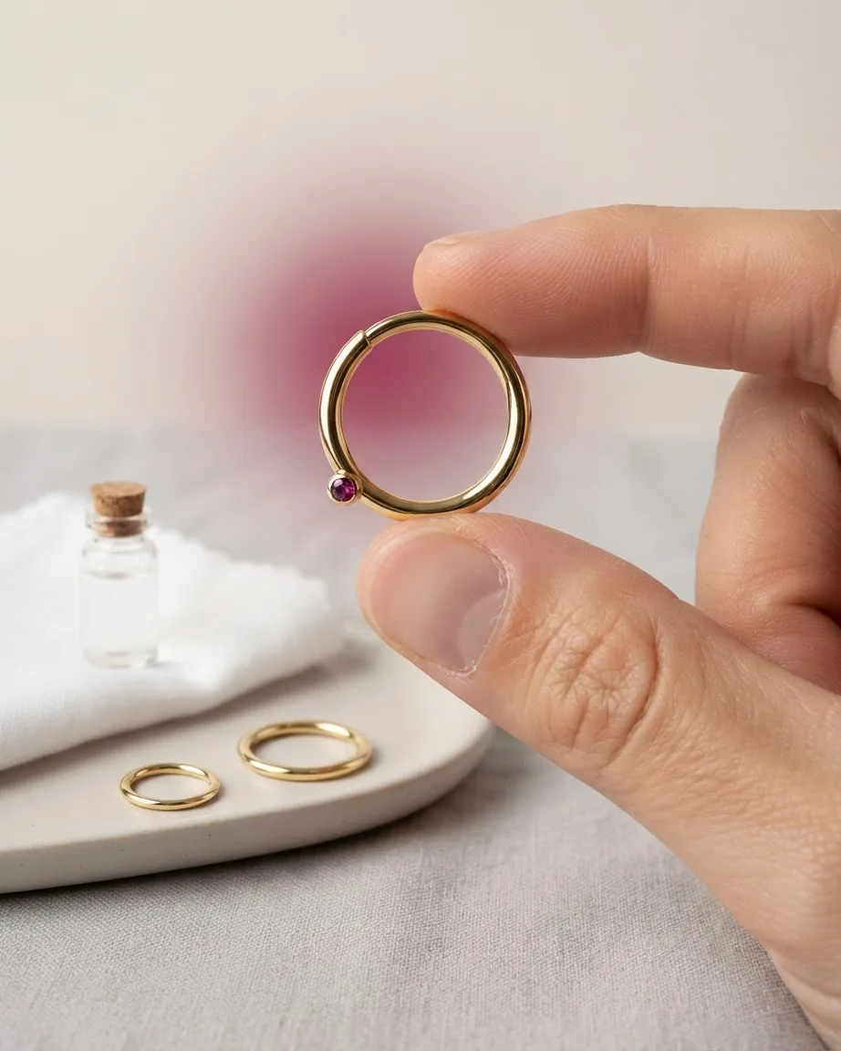 A hand holds a gold hoop with a purple gemstone between fingertips, above two gold rings on a ceramic tray.