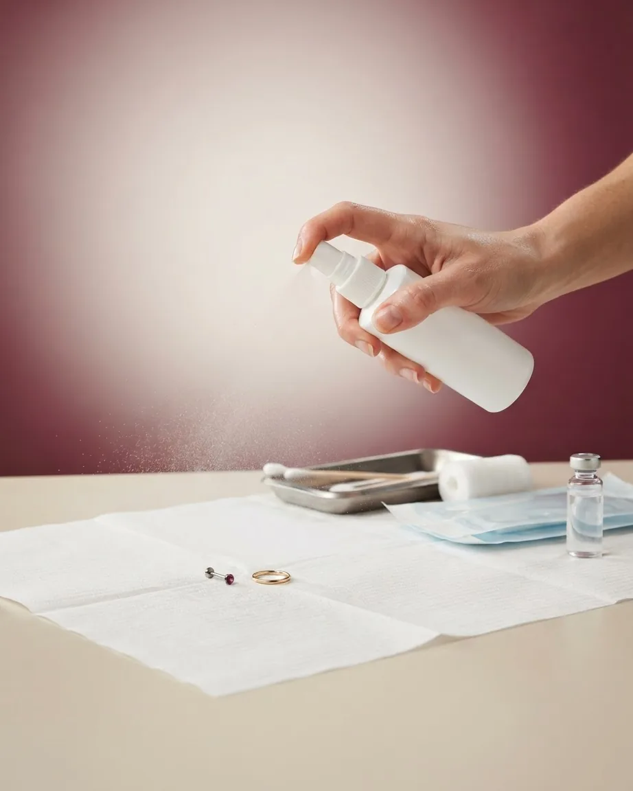 A hand sprays mist from a white bottle over piercing jewelry on a disposable pad beside sterile supplies.