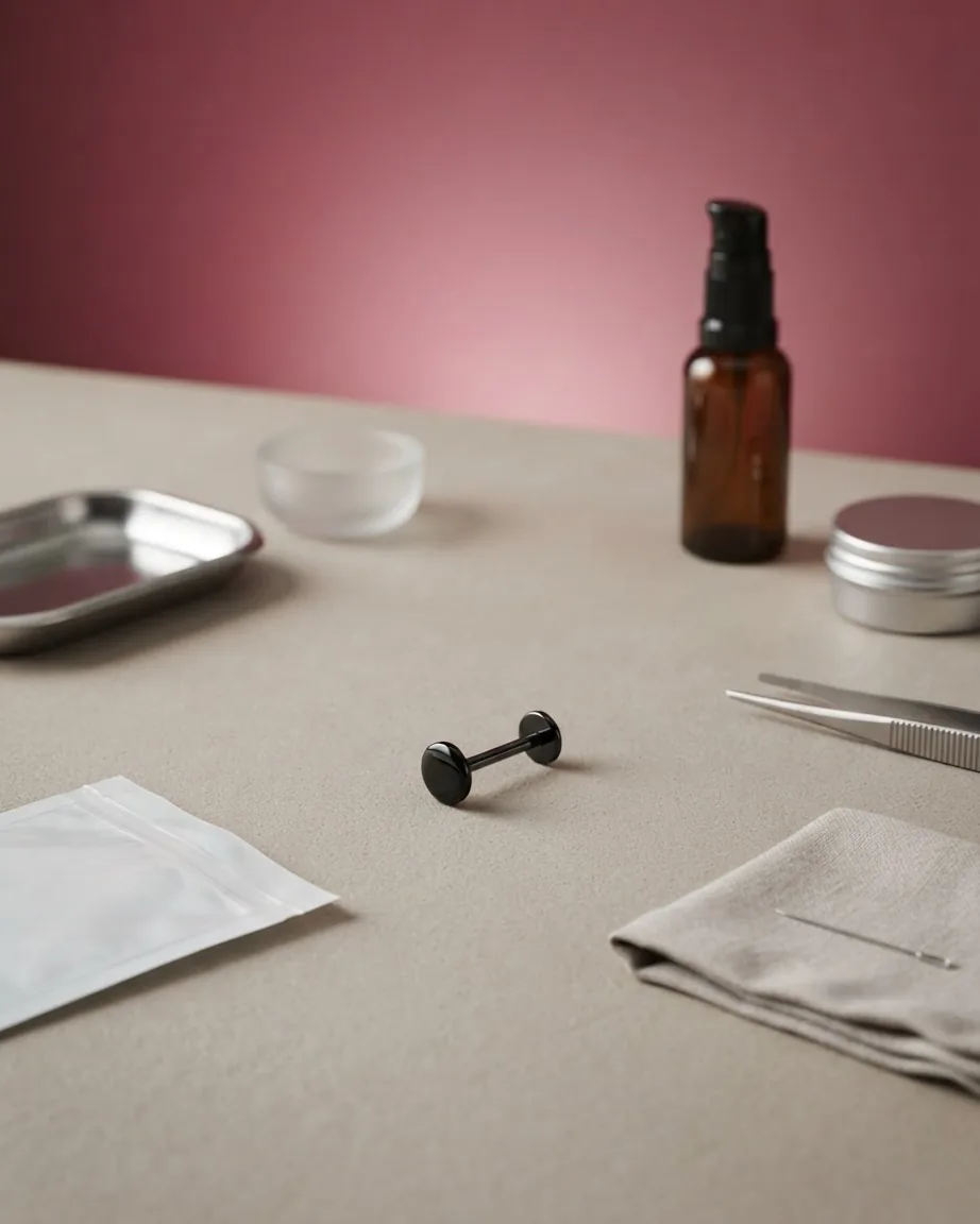 A black flat-back piercing stud rests on a beige surface among tweezers, a small bottle, a metal tray and sterile supplies.