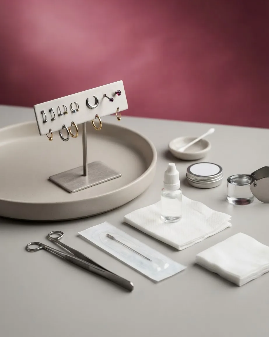 Assorted silver and gold piercing jewelry on a display stand beside sterile tools and care supplies on a tabletop.