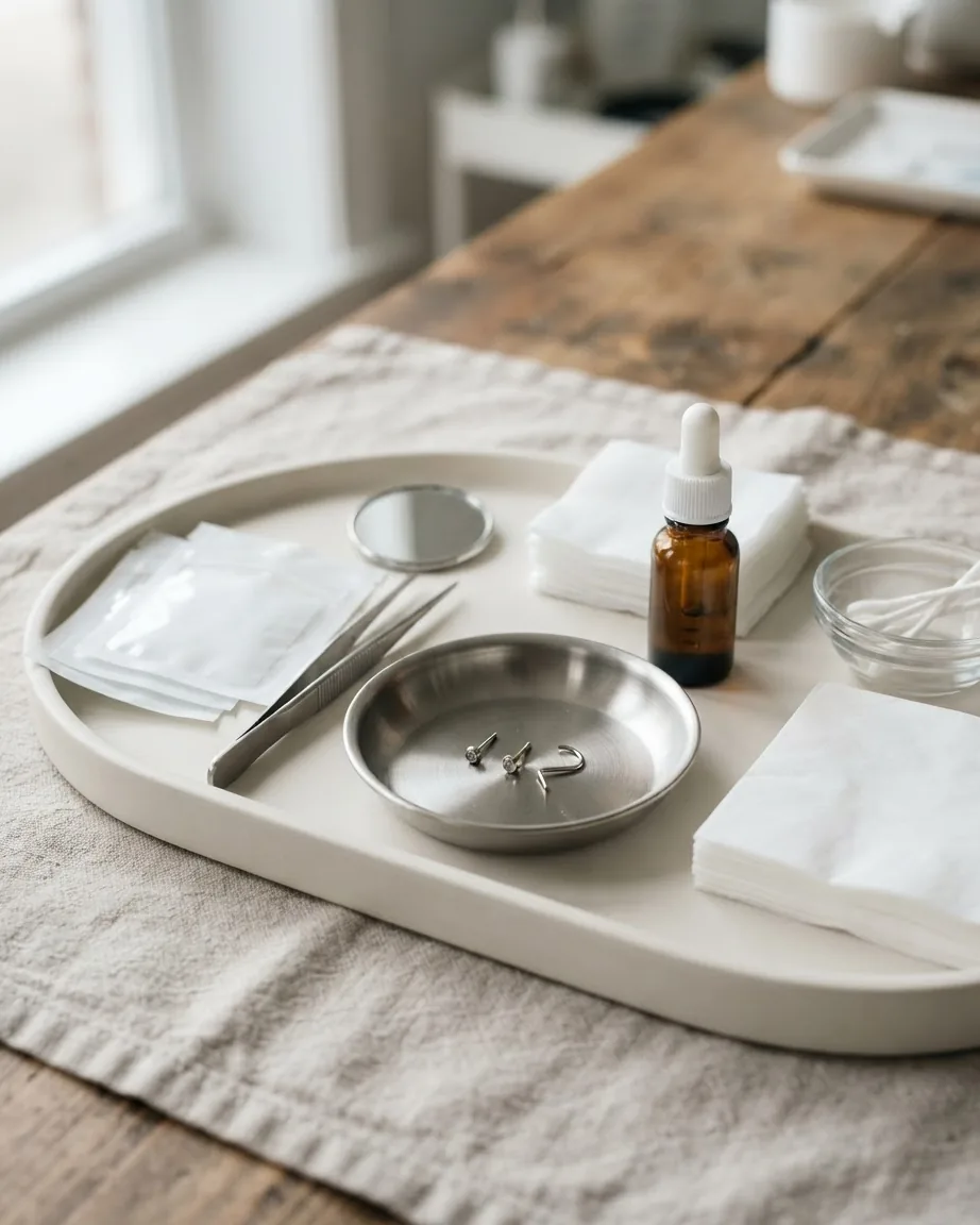 A tray holds small silver nose jewelry, tweezers, cotton pads, a mirror, and an amber dropper bottle on a wooden table.