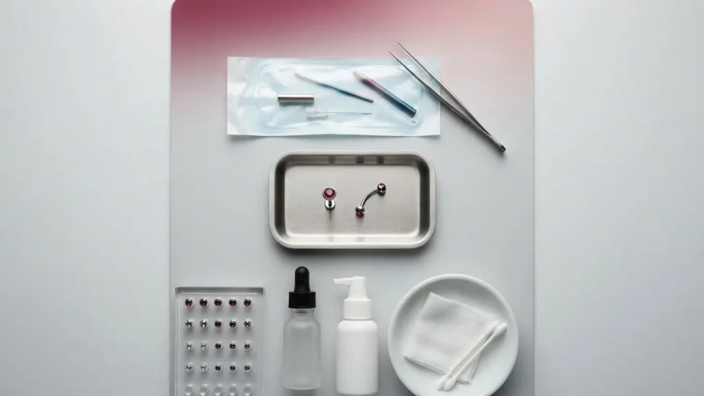 Piercing jewelry, sterile needles, tweezers, gemstone studs, and cleaning supplies arranged on a gray surface.