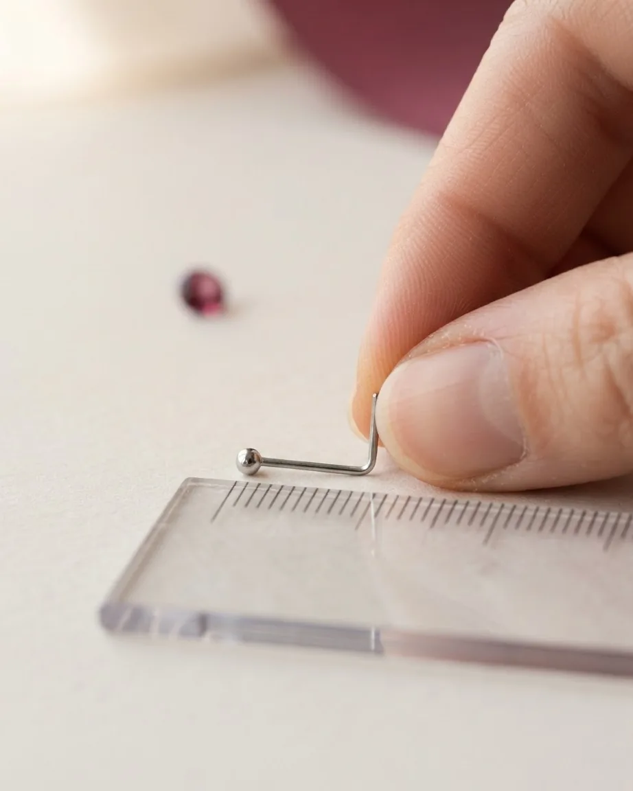 A bent metal nose-piercing post is held beside a clear millimetre ruler.