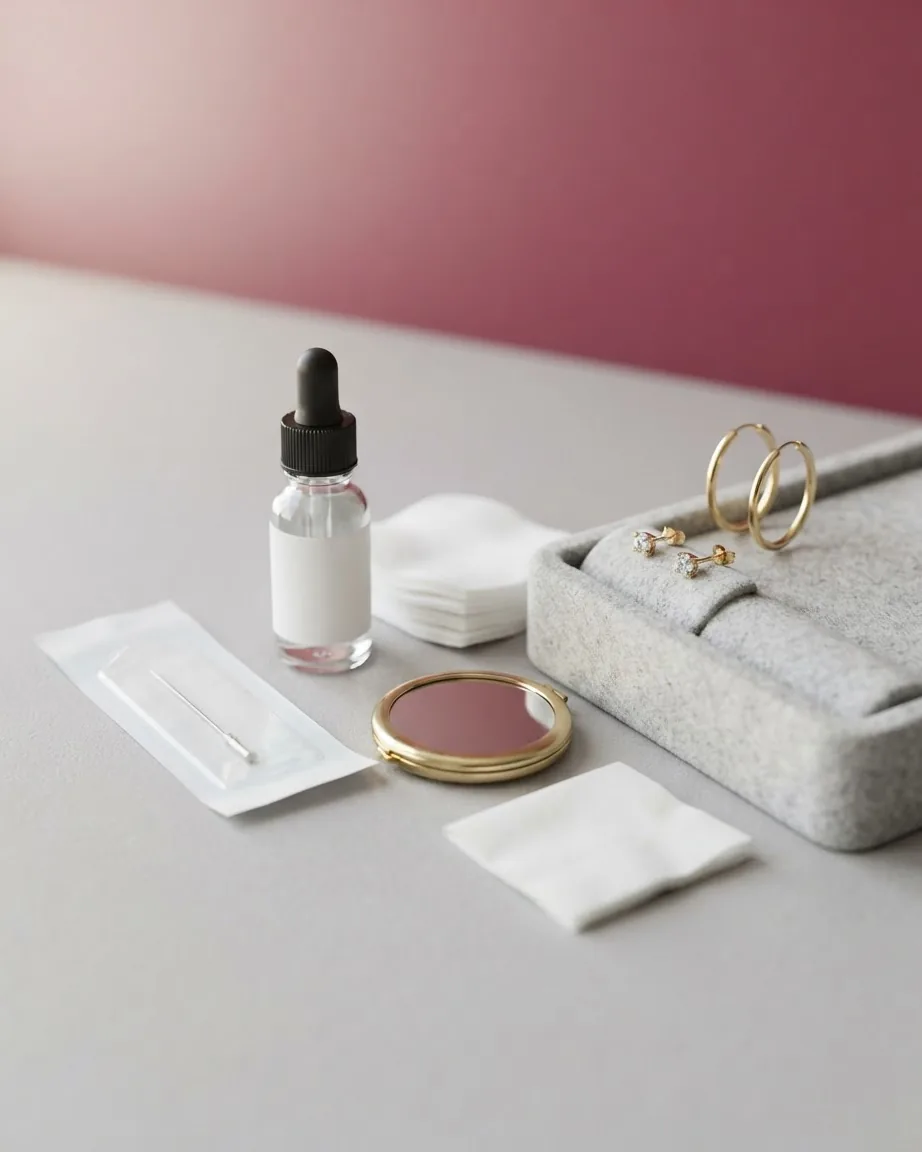 Gold hoop earrings and small stud earrings rest on a gray tray beside piercing supplies and a dropper bottle.