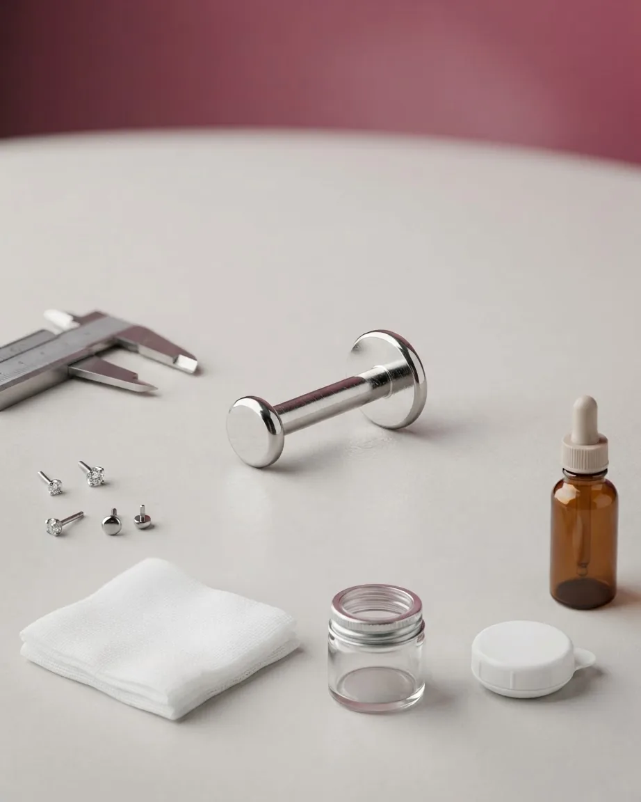 A silver labret post lies horizontally on a pale surface among piercing studs, calipers, gauze, and care supplies.