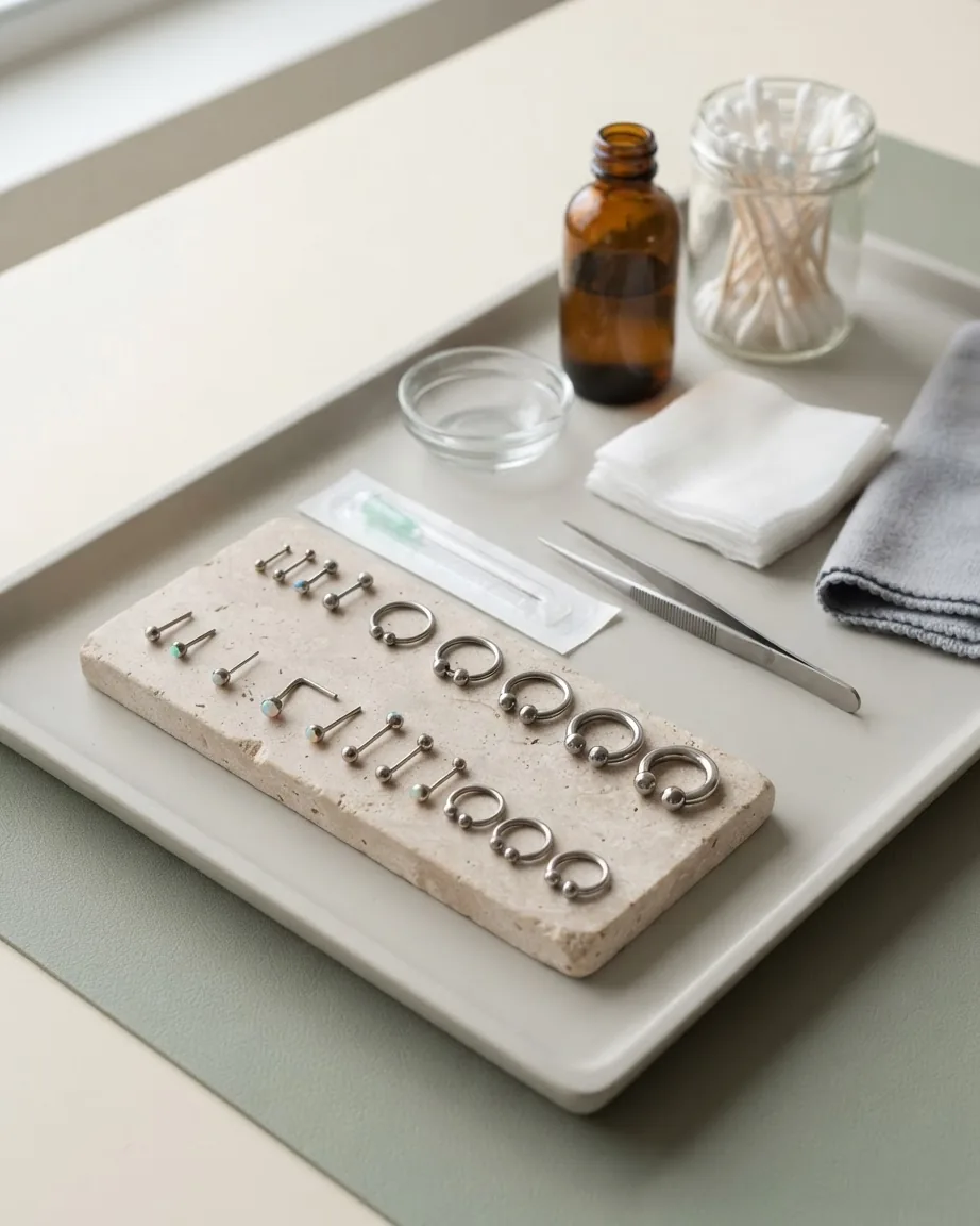 Assorted silver piercing studs and hoops arranged on a stone slab beside tweezers, cotton swabs, and cleaning supplies.