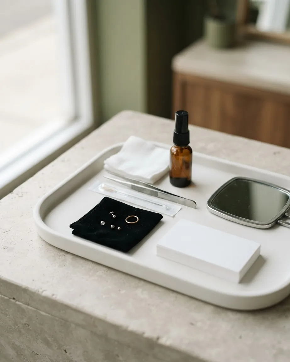 A white tray holds nose jewelry, metal tweezers, gauze, an amber spray bottle, and a small mirror.
