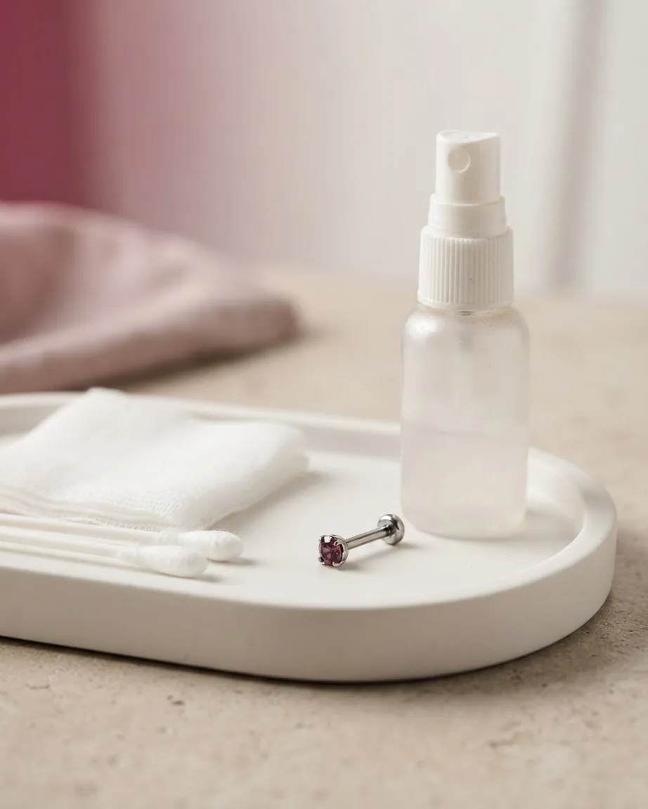 A silver piercing stud with a purple gemstone rests beside a spray bottle, cotton swabs, and gauze on a white tray.