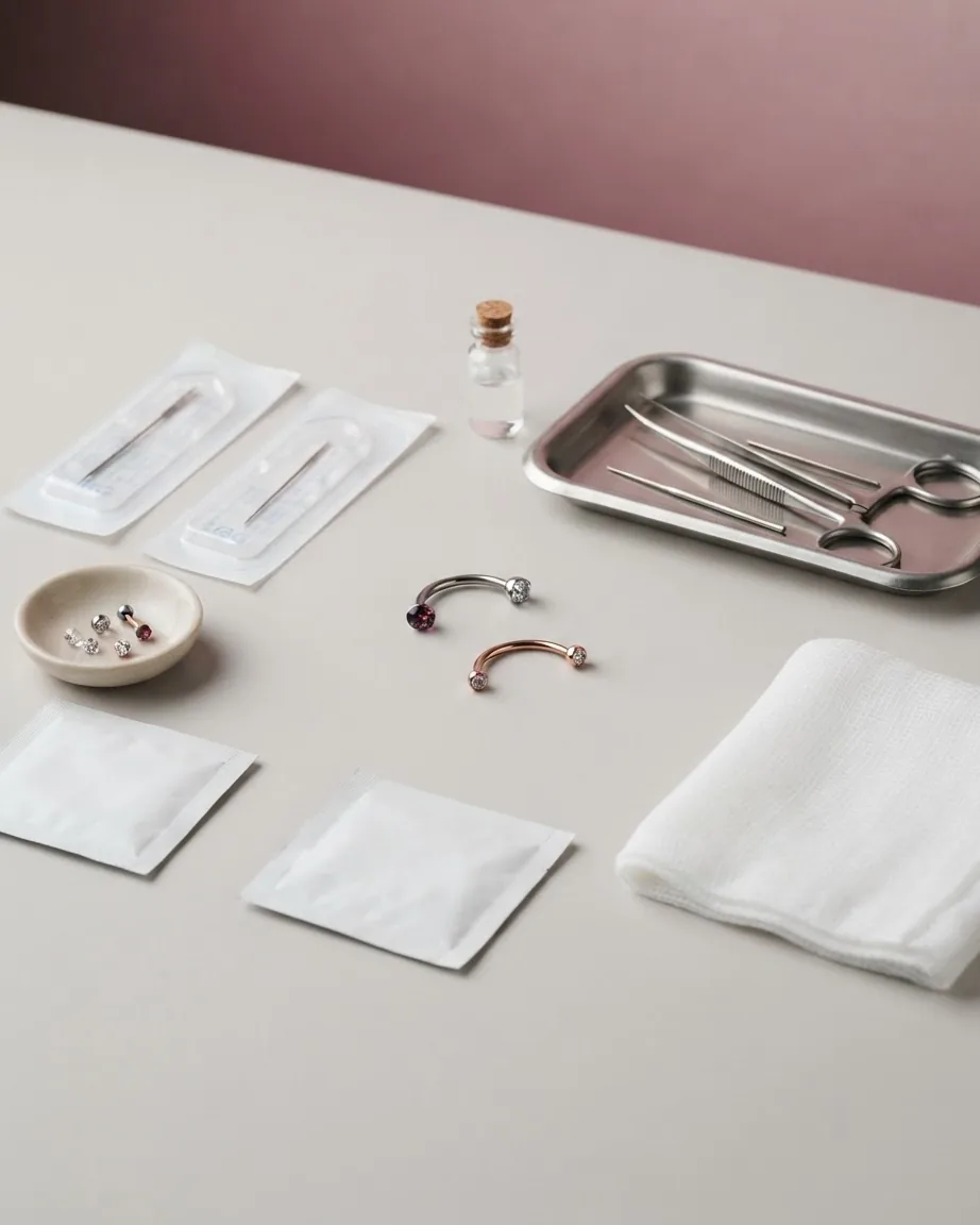 Curved gemstone-tipped piercing jewelry lies beside sterile needles, metal tools, gauze, and a small vial.