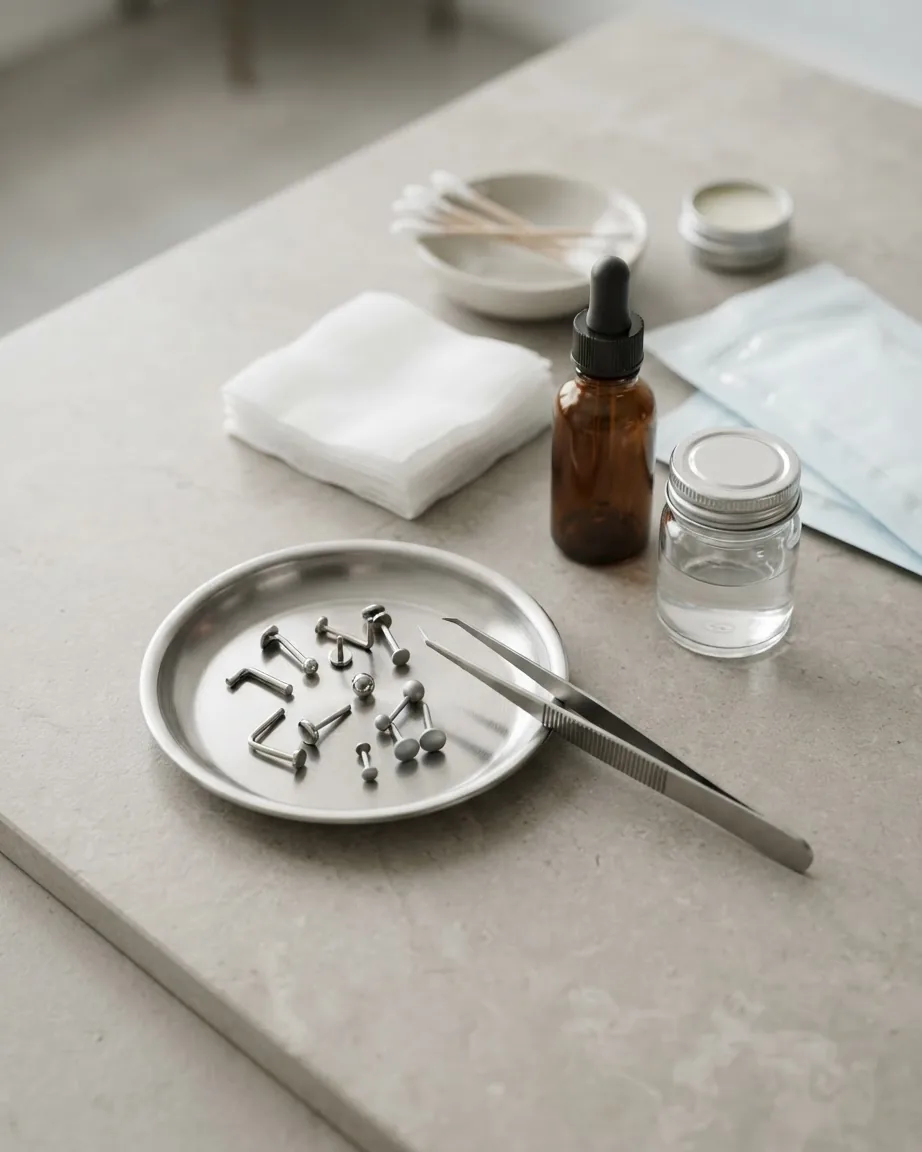 Metal nose studs rest in a stainless steel tray beside tweezers, gauze pads, cotton swabs, and small bottles.