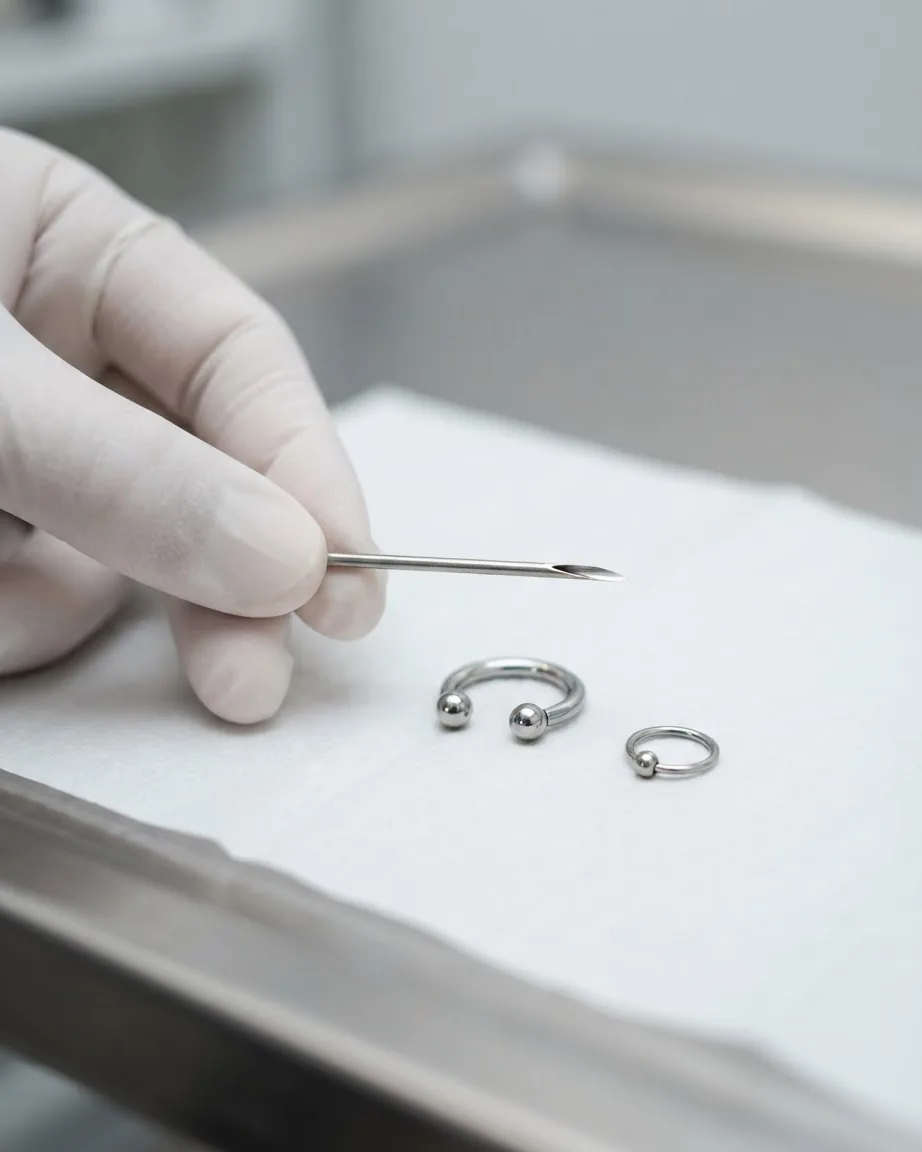 A gloved hand holds a hollow piercing needle beside two silver circular jewelry pieces on a sterile pad.