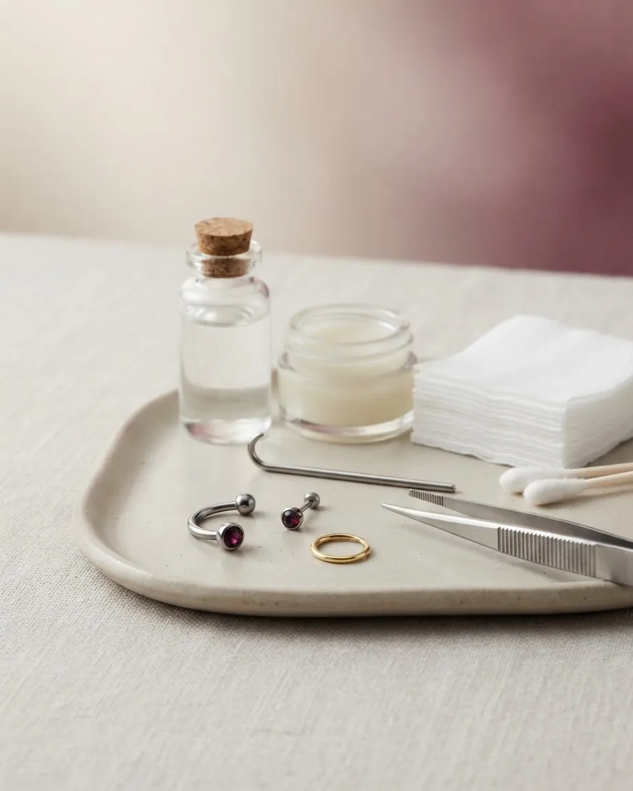 Silver and gold piercing jewelry, metal tools, cotton swabs, and care products arranged on a ceramic tray.