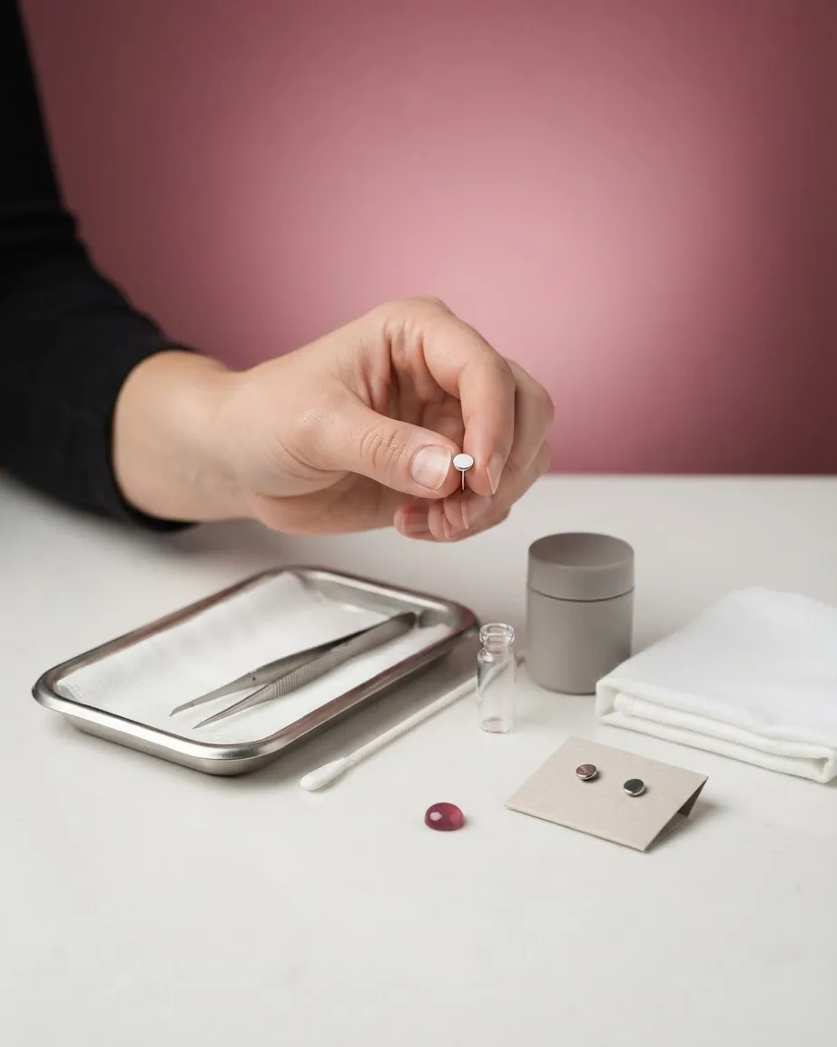 A hand holds a small silver stud above a clean table with tweezers, a metal tray, cotton swabs, and jewelry.