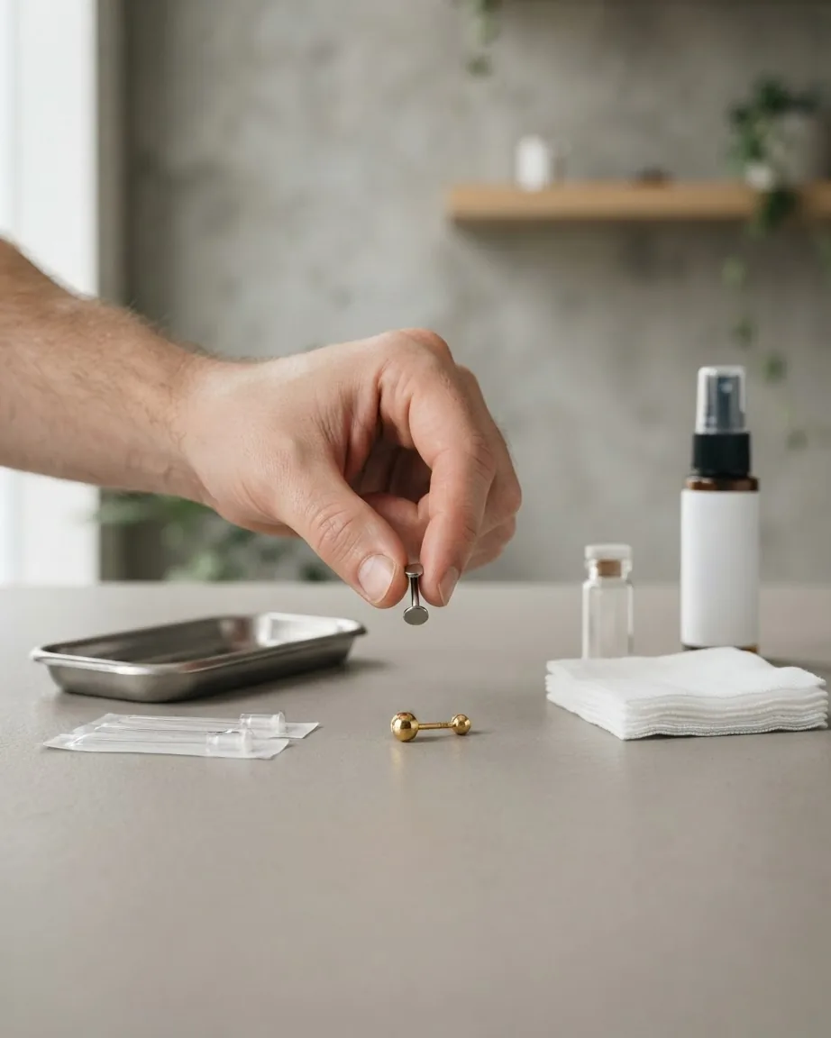 A hand holds a silver jewelry stud above a counter beside a gold barbell, sterile supplies, and a metal tray.