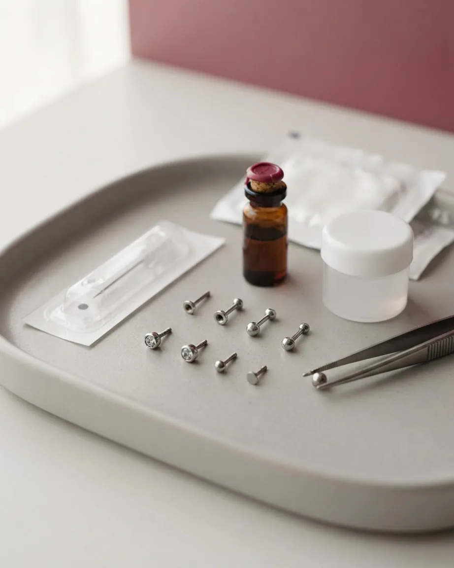 Several silver nose piercing studs arranged on a tray with tweezers, a sealed needle, a small jar and an amber bottle.