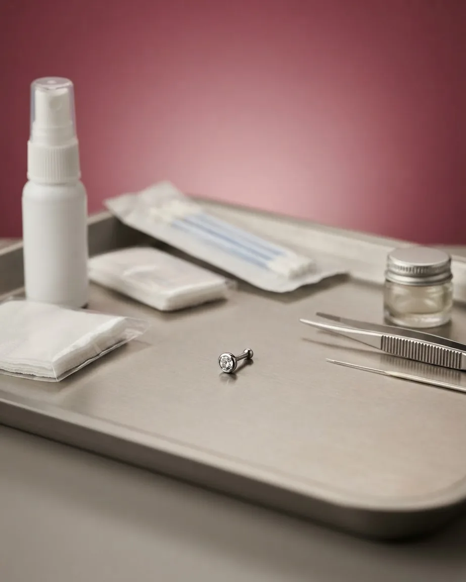 A small silver stud piercing rests on a metal tray alongside tweezers, gauze pads, a spray bottle, and a glass jar.