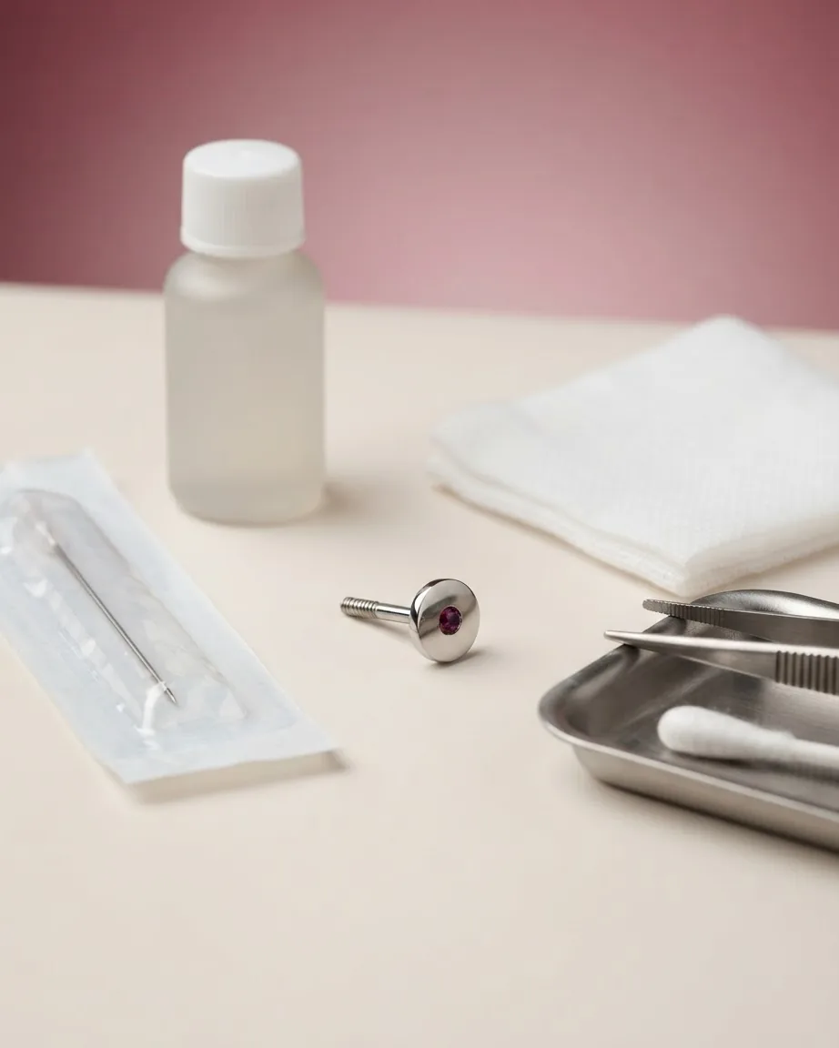 A silver flatback stud with a purple gemstone rests beside a sterile needle, gauze, a bottle, and metal tools.