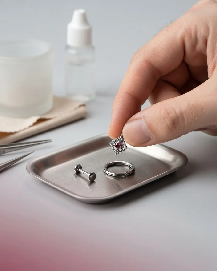 A hand holds a decorative gemstone jewelry end above basic metal piercing jewelry on a stainless steel tray.