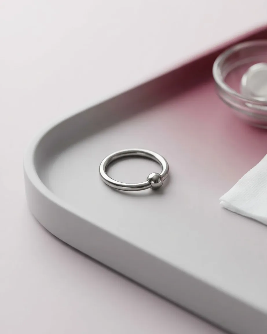 A silver captive bead ring rests on a pale gray tray beside folded white gauze and a small glass dish.