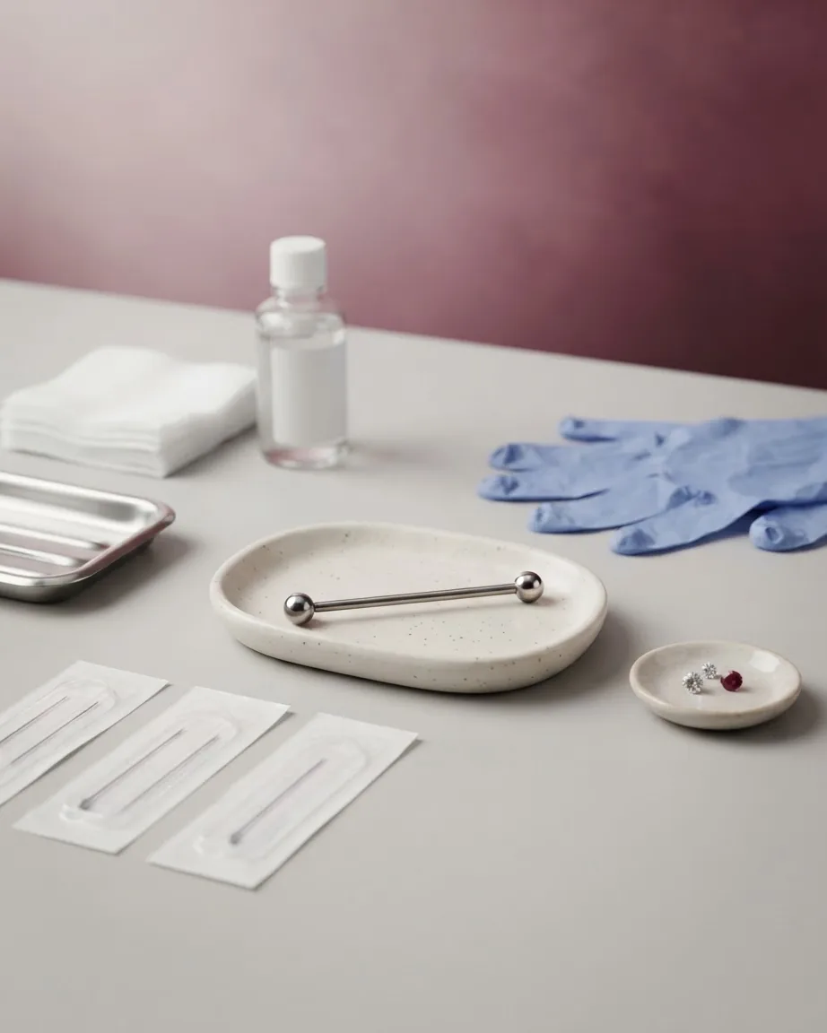 A silver barbell piercing rests on a ceramic dish surrounded by gloves, cotton pads, sterile tools, and a small bottle.