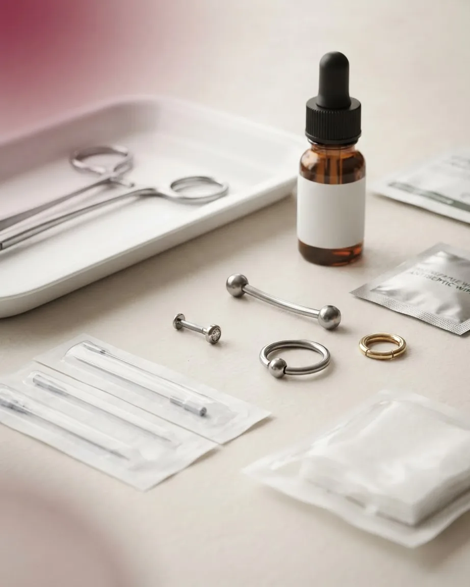 Silver and gold piercing jewelry arranged beside sterile tools, sealed packets, and an amber dropper bottle.
