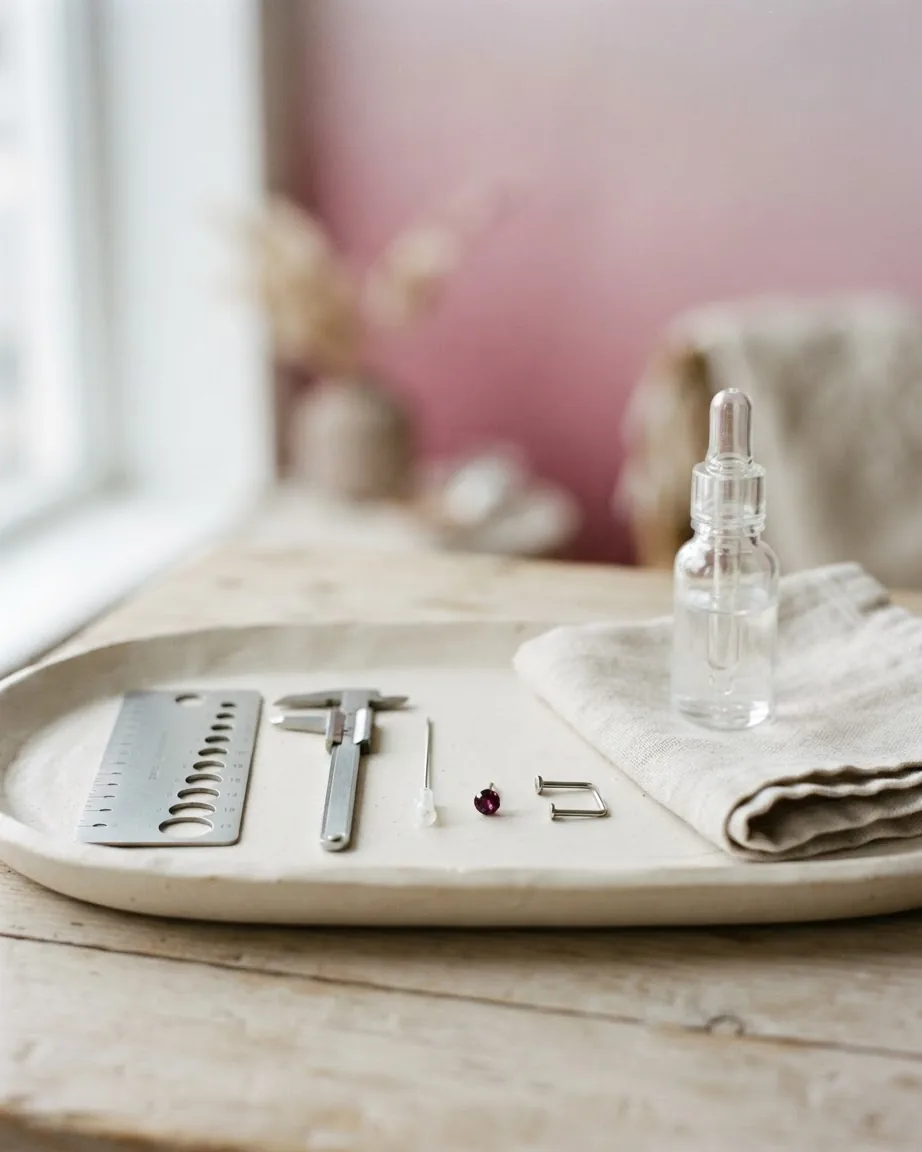 A metal gauge sizing plate, caliper, small nose jewelry pieces, and glass dropper bottle arranged on a cream tray.