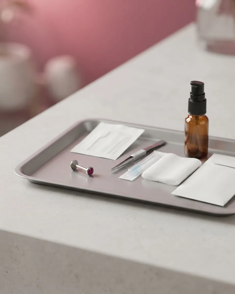 A jeweled silver piercing stud rests on a metal tray beside sterile needles, tweezers, gauze, and an amber bottle.