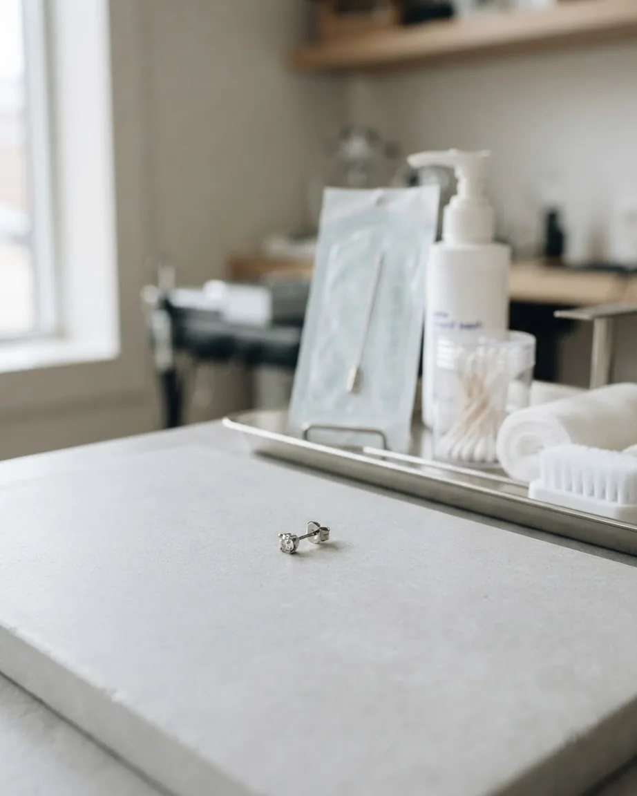 A small silver stud earring rests on a clean gray surface beside a tray of piercing care supplies.