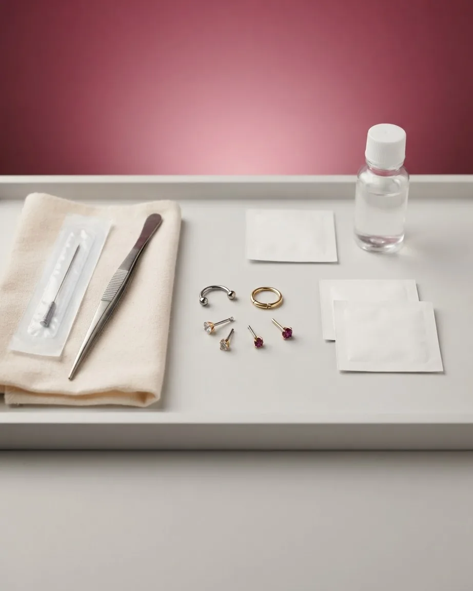 Piercing jewelry, sterile needle, tweezers, cotton cloth, and cleaning supplies arranged on a white tray.
