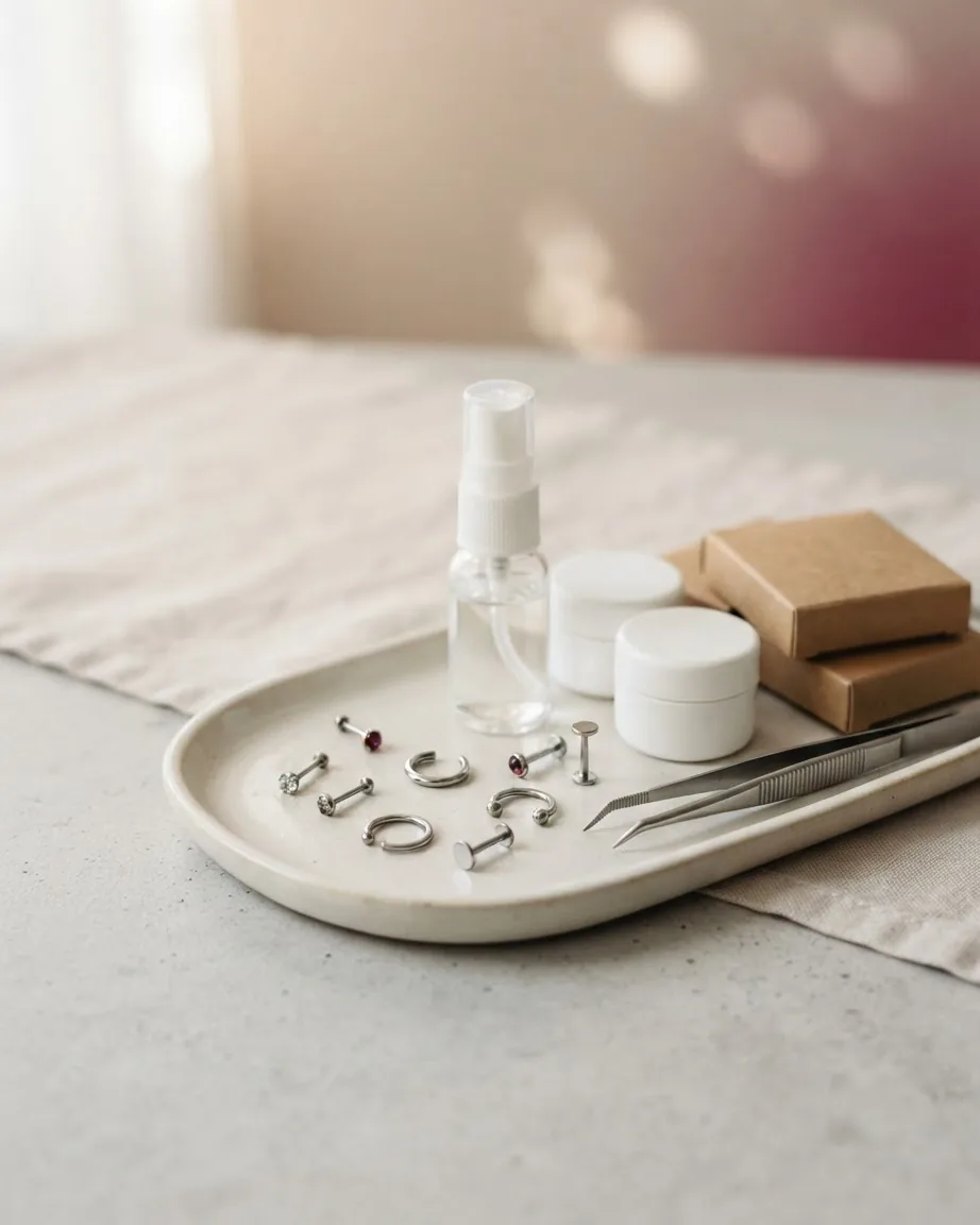 Silver piercing jewelry, tweezers, a spray bottle, white jars, and small boxes arranged on a ceramic tray.