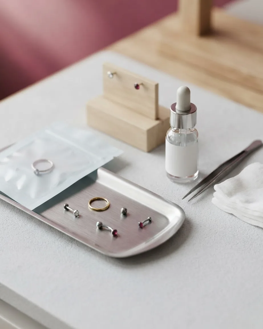 Piercing studs and hoops arranged on a metal tray beside tweezers, a dropper bottle, and a wooden jewelry stand.
