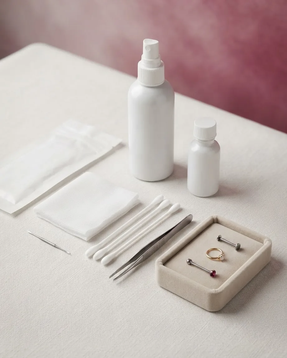 Piercing jewelry and aftercare supplies arranged on a cream fabric surface, including bottles, swabs, gauze and tweezers.