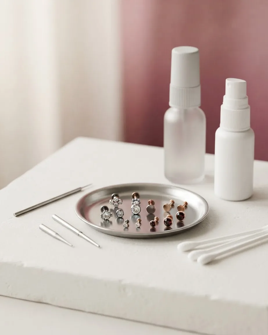 Small stud earrings arranged on a metal tray beside piercing tools, cotton swabs, and spray bottles.