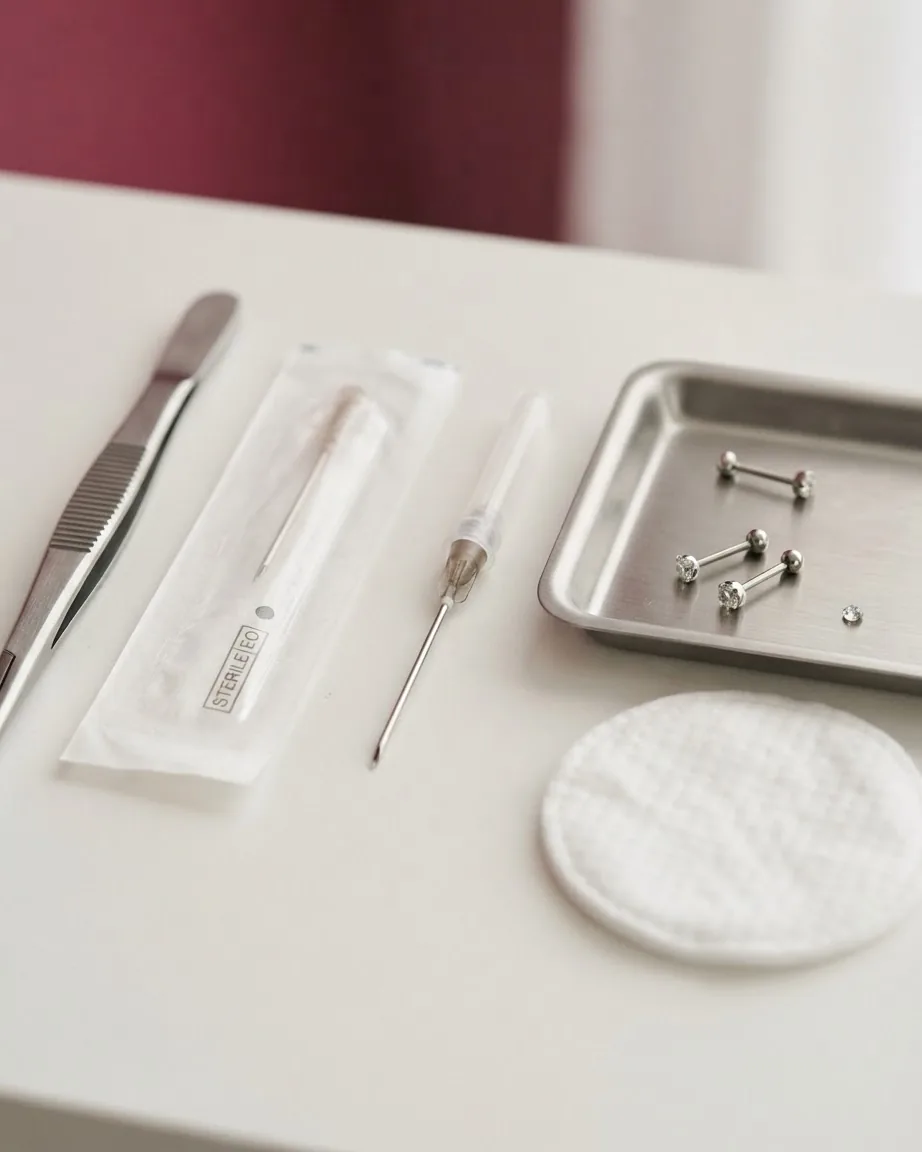 A piercing needle, sealed swab, metal forceps, jewelry studs, and cotton pad arranged on a white surface.