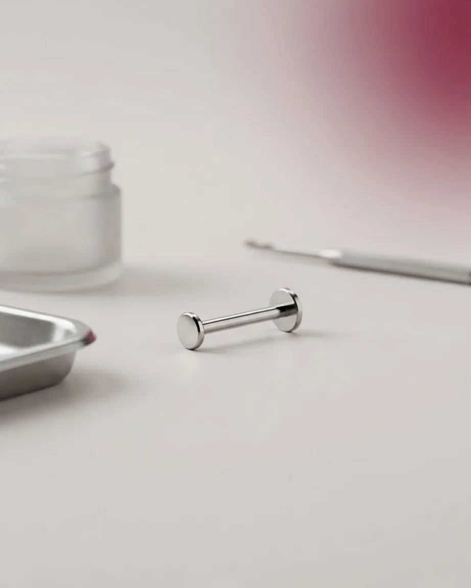 A silver flat-back labret stud rests on a clean white surface beside a metal tray, jar, and piercing tool.