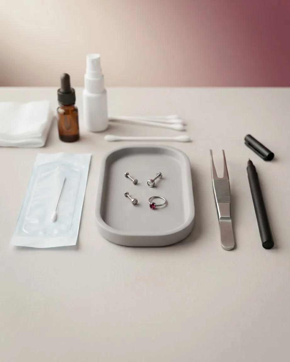 Nose piercing jewelry on a gray tray surrounded by cotton swabs, antiseptic bottles, tweezers, and sterile supplies.