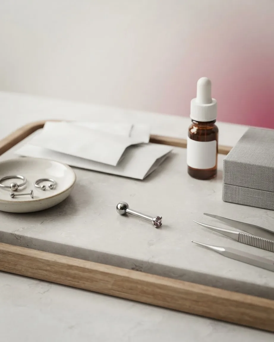 Silver piercing jewelry lies on a stone tray beside forceps, a small dish, paper packets, and an amber bottle.