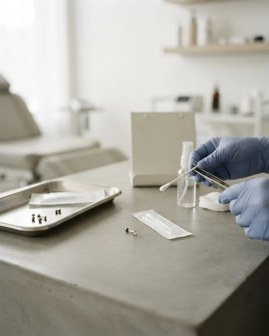 Blue-gloved hands hold a cotton swab and forceps beside piercing jewelry and a packaged needle on a studio counter.