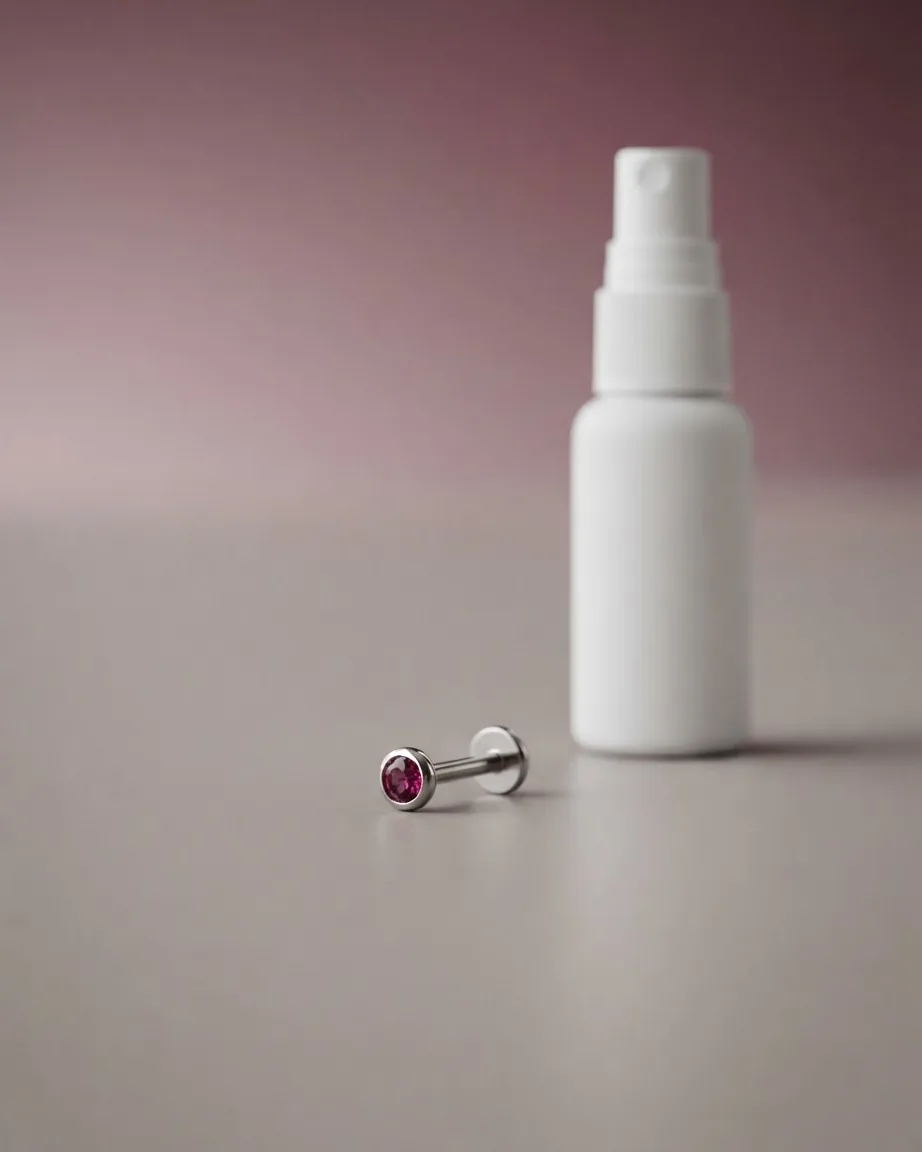 A silver piercing stud with a pink gemstone rests on a plain surface beside a white spray bottle.